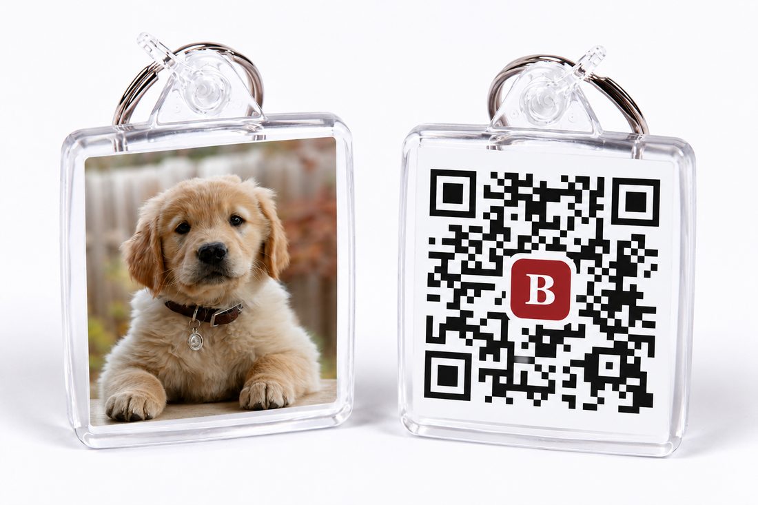 A keepsake keyring, the pet's photo on one side and their QR code on the other