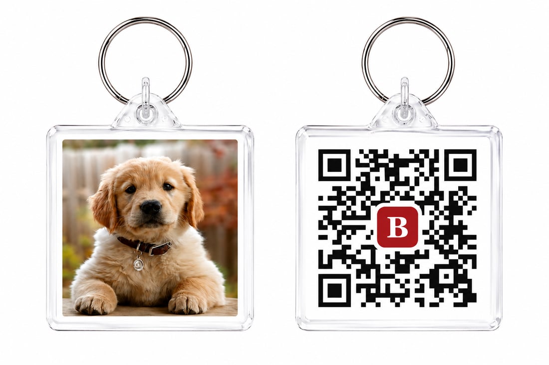 A keepsake keyring, the pet's photo on one side and their QR code on the other